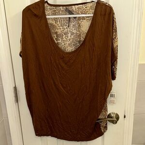 Buffalo David Bitton Brown Scoop Neck Top with Leopard Accent